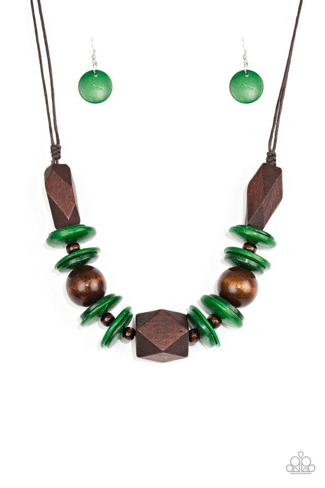 Paparazzi Accessories Pacific Paradise - Green Featuring abstract geometric finishes, mismatched brown wooden beads and refreshing green accents are threaded along shiny brown cording. A dramatic geometric bead adorns the center, creating a bold summery l