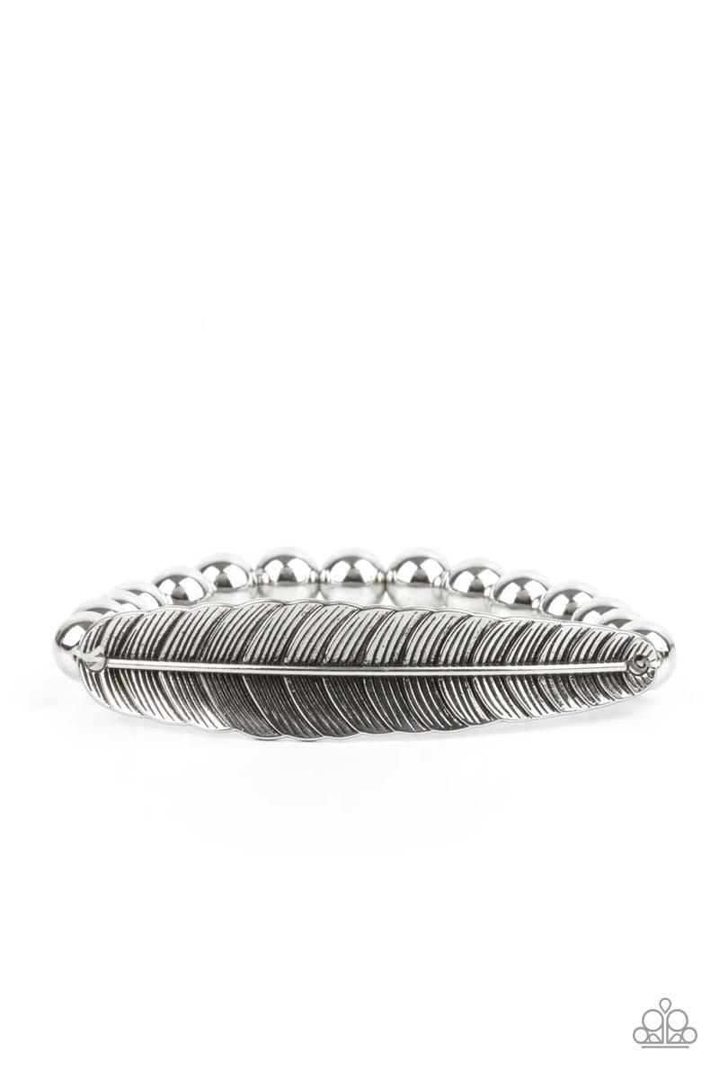 Paparazzi Accessories Featherlight Fashion - Silver Infused with a lifelike silver feather frame, a row of shiny silver beads are threaded along a stretchy band around the wrist for a seasonal fashion. Sold as one individual bracelet. Jewelry