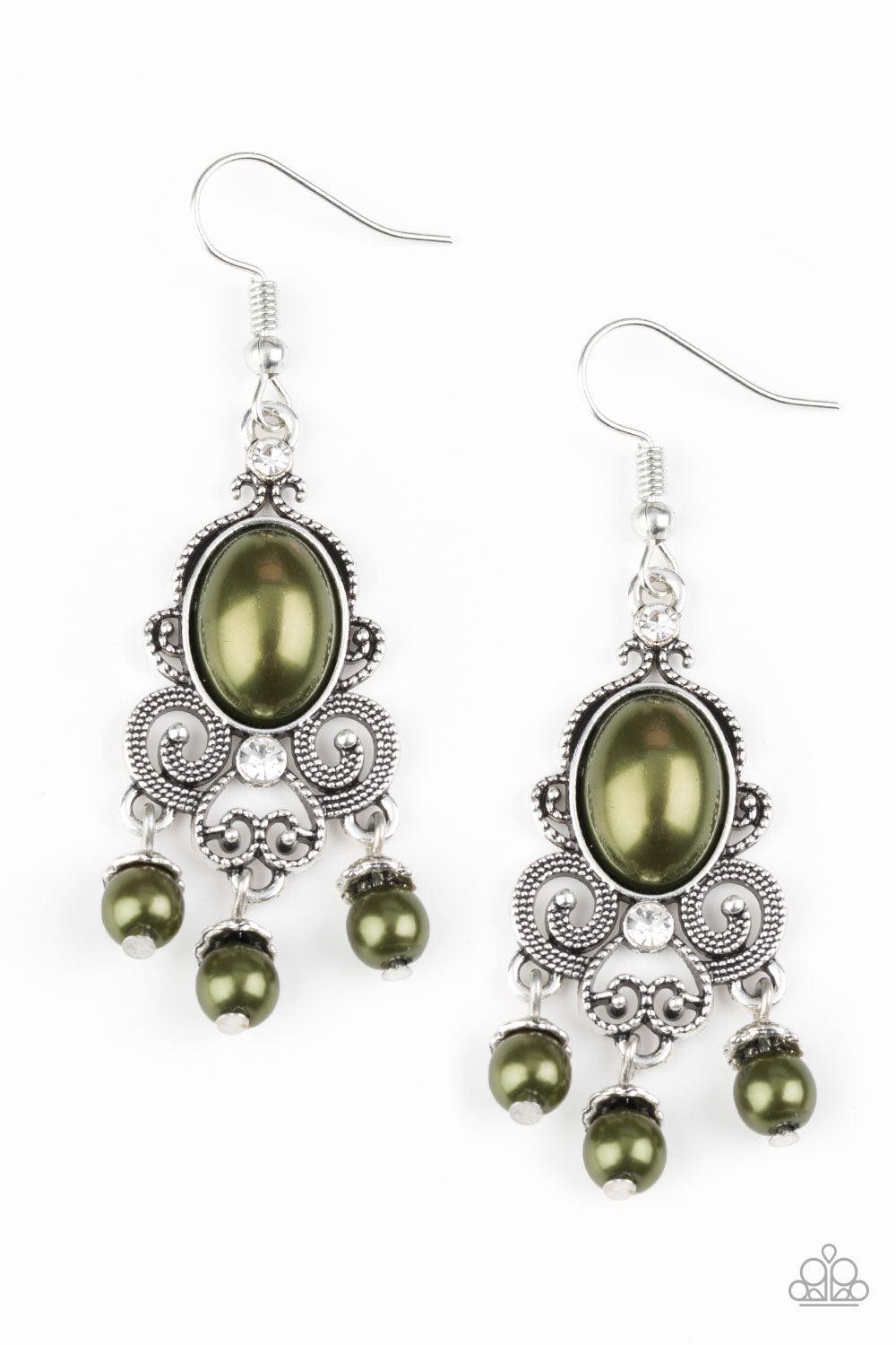 Paparazzi Accessories I Better Get GLOWING ~Green Dotted silver filigree spins around a pearly green bead and dainty white rhinestones, coalescing into a regal frame. A pearly fringe swings from the bottom of the frame for a refined finish. Earring attach