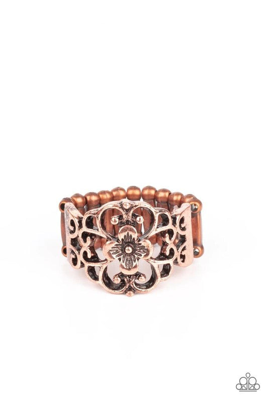 Paparazzi Accessories Fanciful Flower Gardens - Copper Glistening copper filigree blooms from a shimmery floral center, creating a whimsical band across the finger. Features a stretchy band for a flexible fit. Sold as one individual r Jewelry