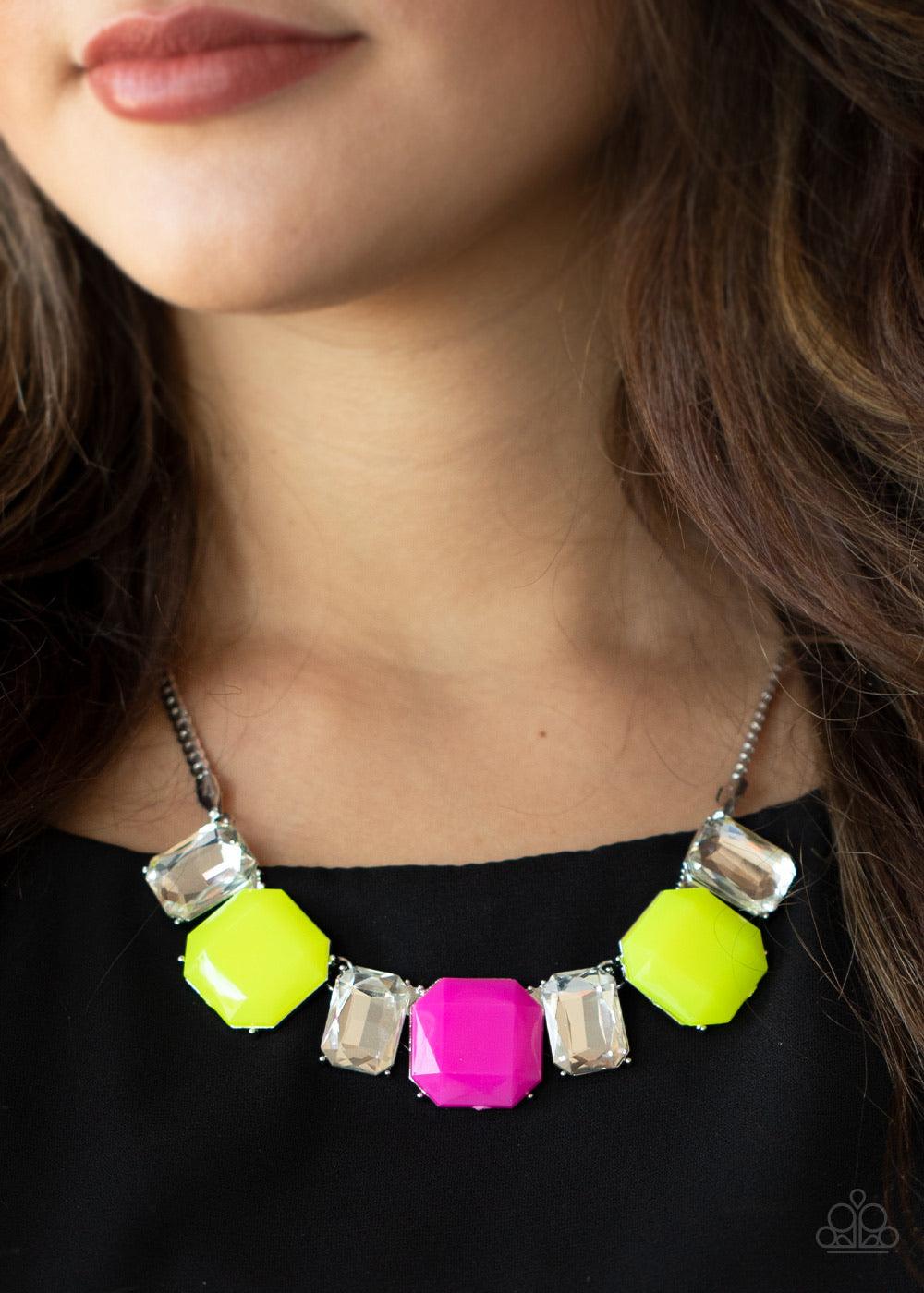 Paparazzi Accessories Royal Crest - Yellow Neon yellow and pink beads connect with exaggerated emerald style white rhinestones, creating vivacious sparkle below the collar. Features an adjustable clasp closure. Sold as one individual necklace. Includes on
