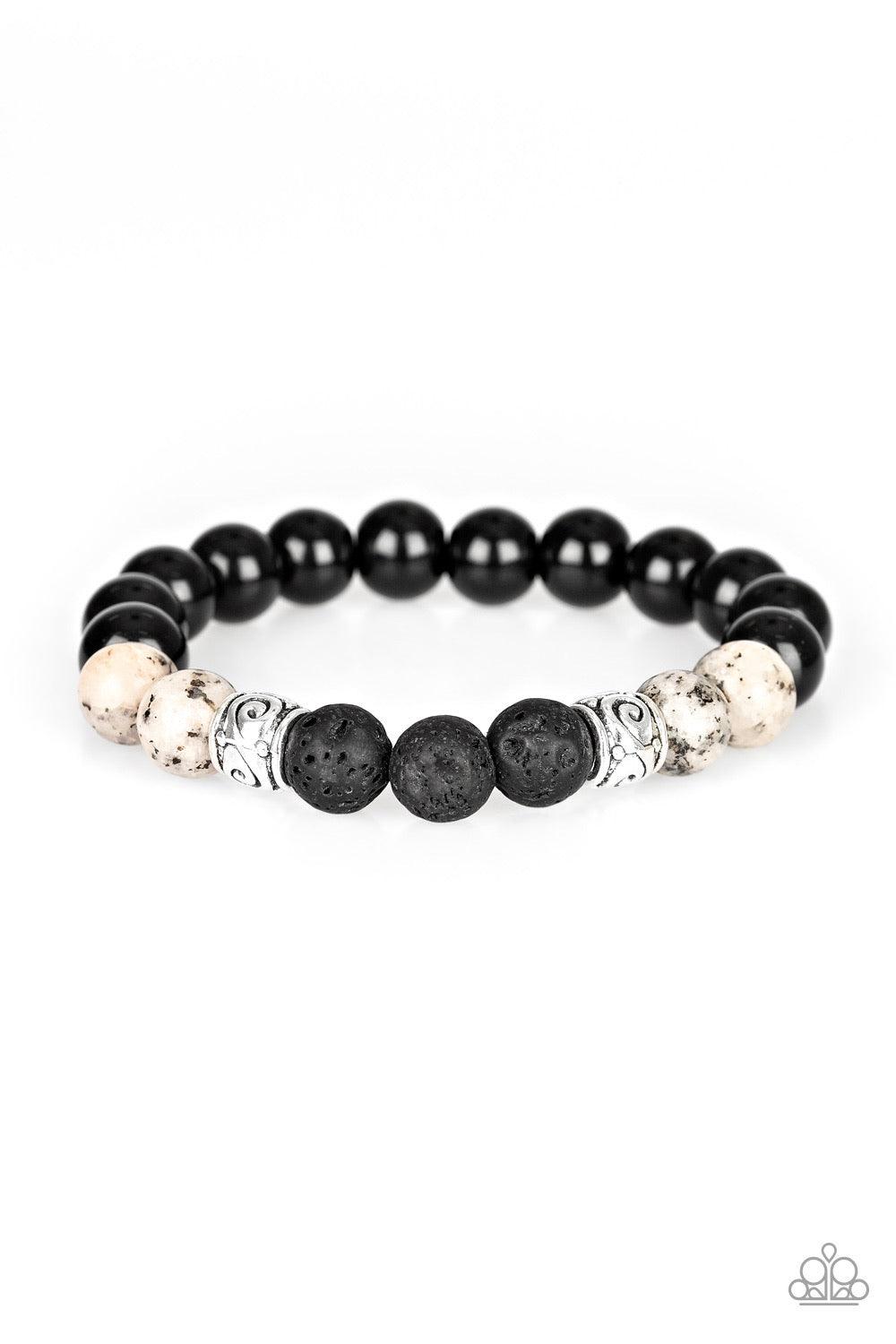 Paparazzi Accessories Mantra - White Infused with ornate silver beads, a collection of polished black beads, black lava rock beads, and speckled white stone beads are threaded along a stretchy band around the wrist for a seasonal look. Jewelry Sets