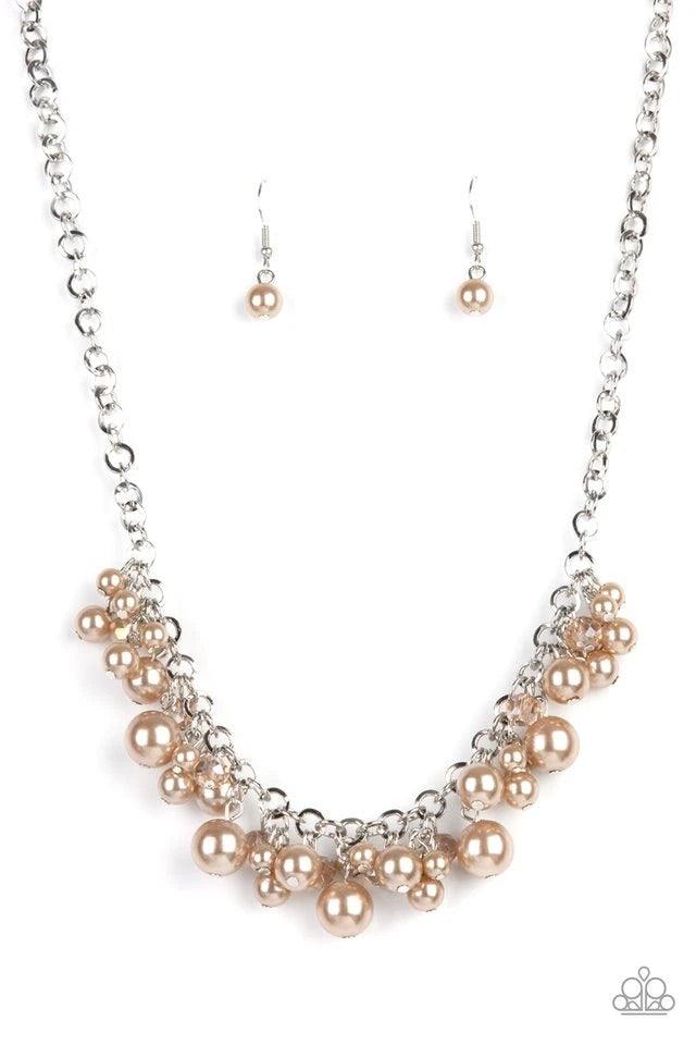 Paparazzi Accessories Positively PEARL-escent - Brown A collection of bubbly brown pearls and glittery crystal-like beads swing from the bottom of a chunky silver chain, creating an elegantly clustered fringe below the collar. Features an adjustable clasp
