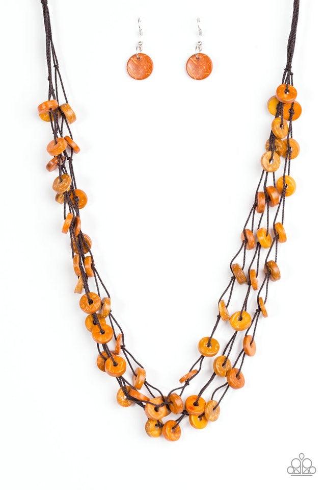 Paparazzi Accessories Hoppin Honolulu - Orange Tinted in a vivacious orange finish, distressed wooden discs trickle along strands of knotted brown cording, creating colorful layers below the collar for a seasonal vibe. Features a button-loop closure. Jewe