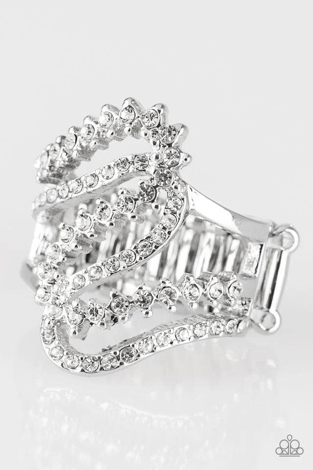 Paparazzi Accessories Make Waves - White Encrusted in dainty white rhinestones, radiant silver ribbons wave across the finger, coalescing into a whimsical band. Features a stretchy band for a flexible fit. Jewelry