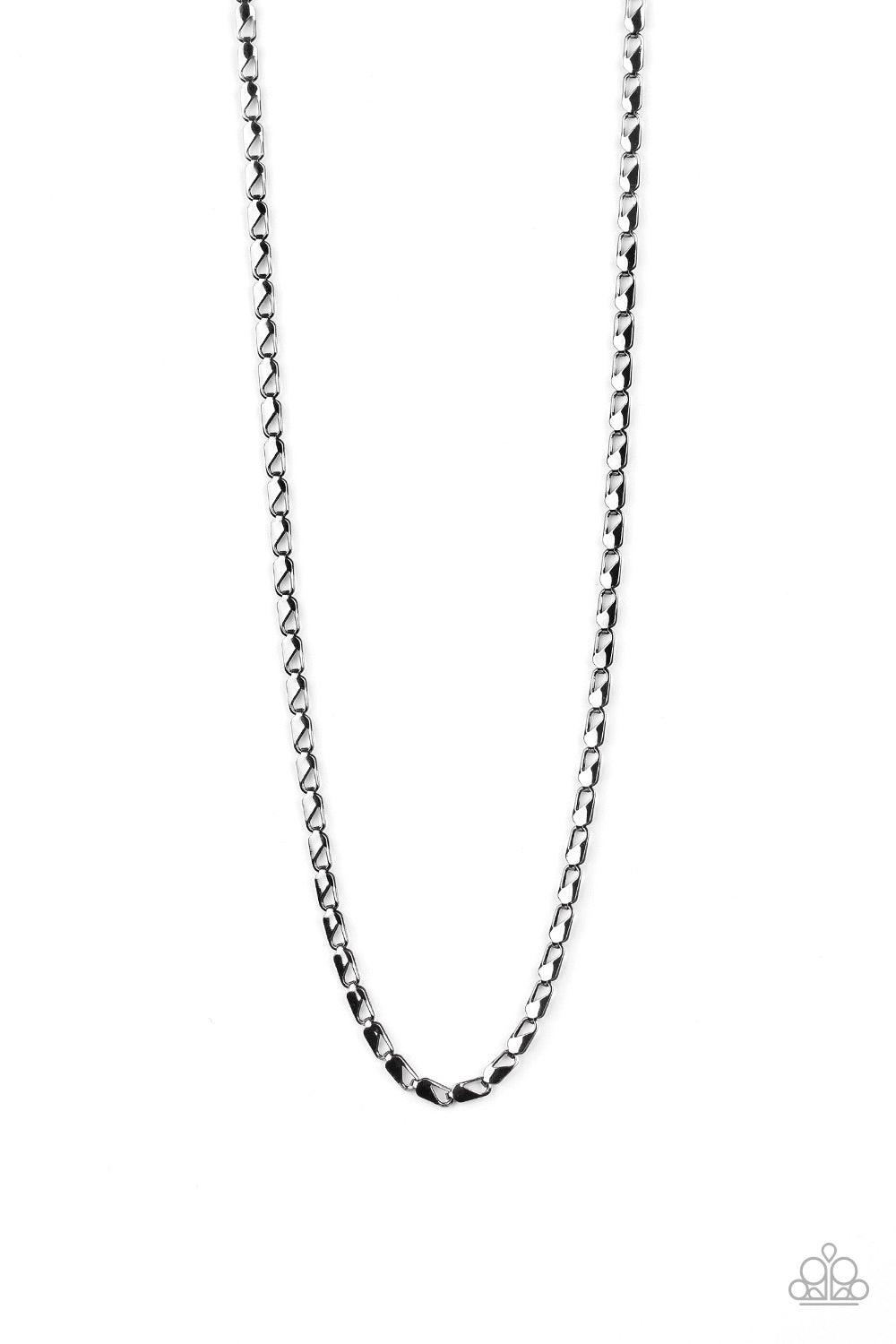 Paparazzi Accessories Free Agency - Black Featuring clasp-like links, an ornate gunmetal chain drapes across the chest for a causal look. Features an adjustable clasp closure. Jewelry