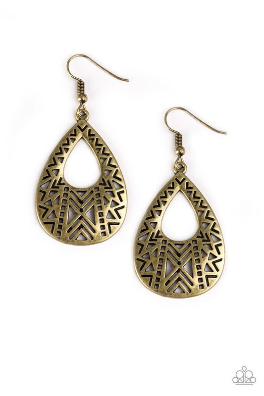 Paparazzi Accessories Alpha Amazon - Brass Brushed in an antiqued finish, edgy geometric patterns climb a glistening brass teardrop for a trendy tribal look. Earring attaches to a standard fishhook fitting. Jewelry