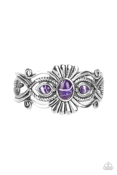 Paparazzi Accessories Rural Rumination - Purple Purple faux stone beads adorn the flared center of a frilly silver cuff layered with whirling smooth and textured silver filigree, creating a whimsical pop of color atop the wrist. Sold as one individual bra