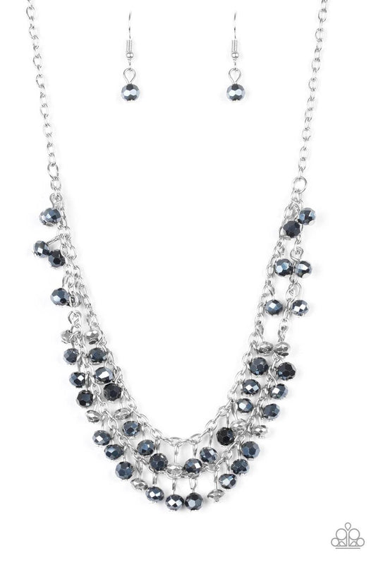 Paparazzi Accessories So In Season - Blue Metallic blue gems and faceted silver beads dangle from two rows of silver chains, creating a glamorous fringe below the collar. Features an adjustable clasp closure. Sold as one individual necklace. Includes one