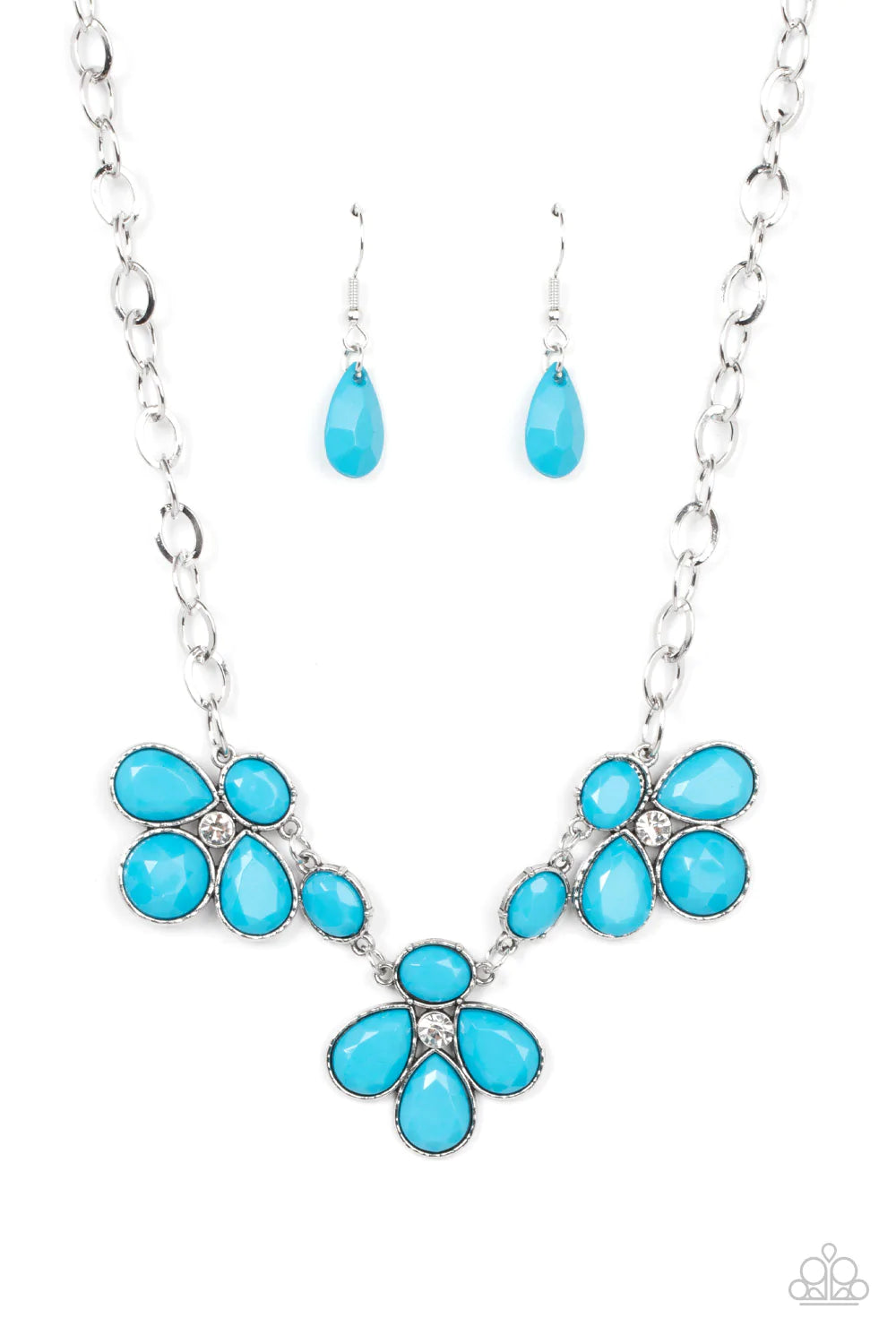 Paparazzi Accessories SELFIE-Worth - Blue Encased in textured silver fittings, oversized oval and teardrop blue beads delicately gather around glassy white rhinestone centers for a colorful floral look below the collar. Features an adjustable clasp closur