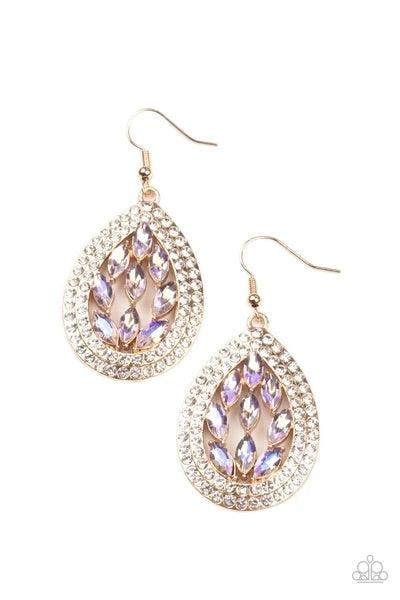 Paparazzi Accessories Encased in Elegance - Gold Iridescent marquise cut rhinestones collect inside two borders of glassy white rhinestones, coalescing into a sparkly teardrop. Earring attaches to a standard fishhook fitting. Sparkly and Bright these eye