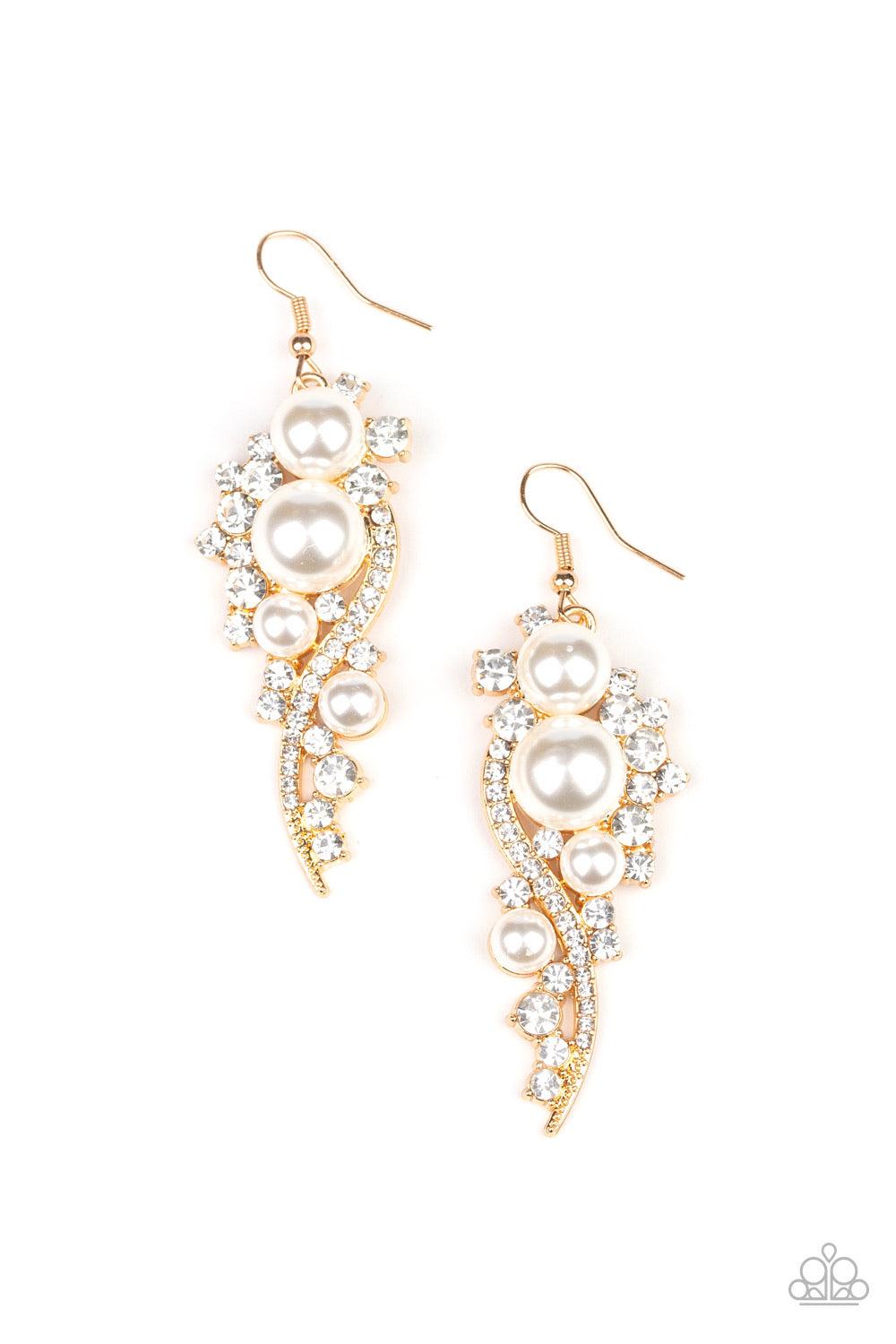 Paparazzi Accessories High-End Elegance - Gold Bubbly white pearls dot a glistening gold frame interwoven with ribbons of glittery white rhinestones, creating an elegant lure. Earring attaches to a standard fishhook fitting. Jewelry
