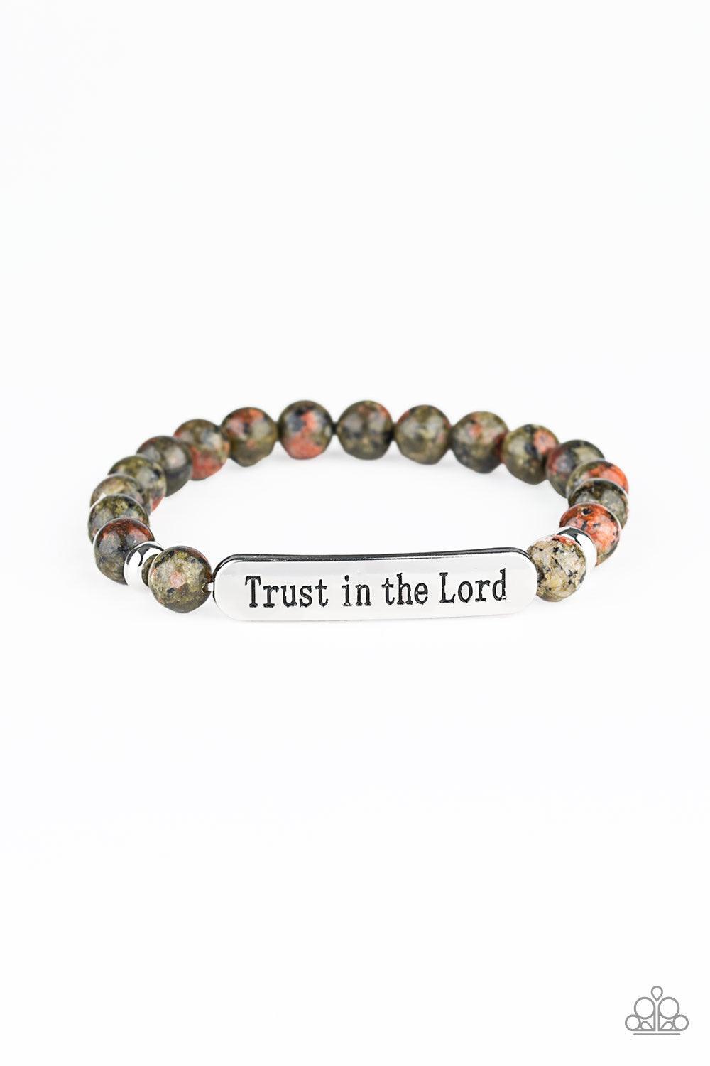 Paparazzi Accessories Trust Always - Multi Infused with dainty silver accents, a collection of glassy stone beads and a shimmery silver frame stamped in the phrase, "Trust in the Lord", are threaded along a stretchy band around the wrist for an inspiratio