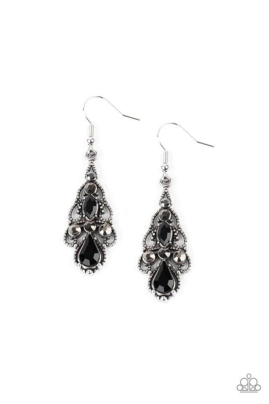 Paparazzi Accessories Urban Radiance - Black Embellished in mismatched black and hematite rhinestones, studded silver filigree swirls into an airy chandelier, creating a regal lure. Earring attaches to a standard fishhook fitting. Sold as one pair of earr