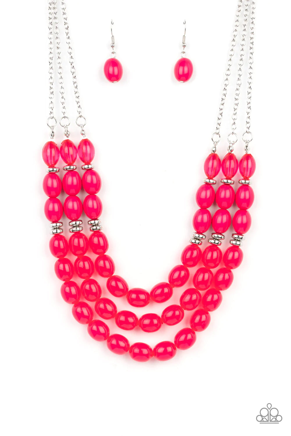 Paparazzi Accessories Coastal Cruise - Pink Infused with silver accents, rows of glassy, opaque, and acrylic Fuchsia Fedora beads are threaded along invisible wires at the bottom of silver chains that layer into a vivacious pop of color below the collar.