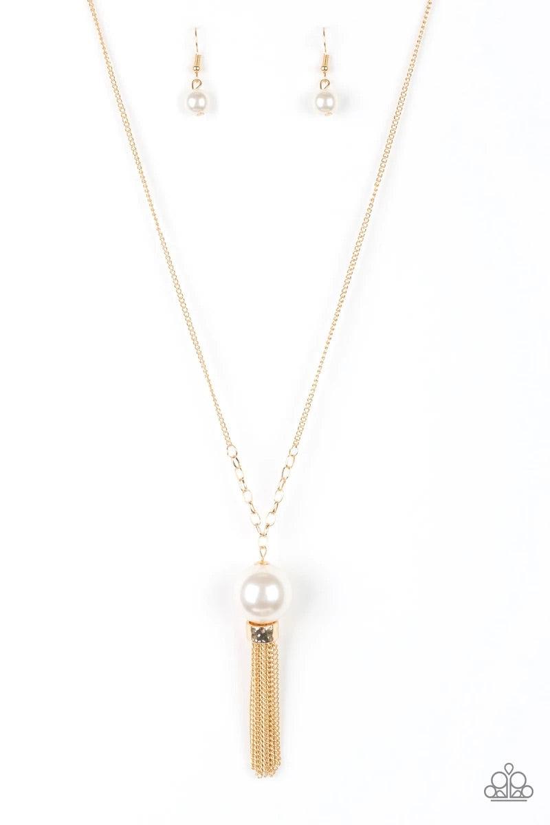 Paparazzi Accessories Belle of the Ballroom - Gold A dramatic pearly white bead swings from the bottom of an elegantly elongated gold chain. Featuring a hammered fitting, a gold tassel streams from the bottom of the colorful pendant for a refined finish.