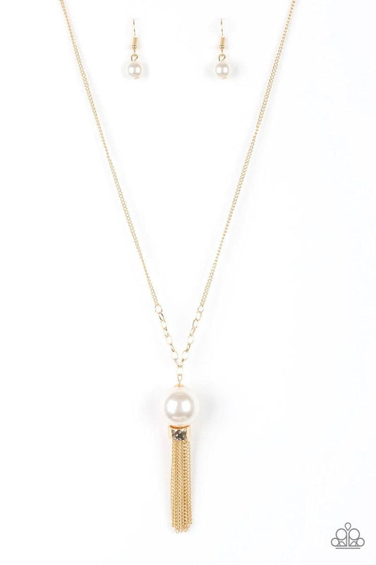 Paparazzi Accessories Belle of the Ballroom - Gold A dramatic pearly white bead swings from the bottom of an elegantly elongated gold chain. Featuring a hammered fitting, a gold tassel streams from the bottom of the colorful pendant for a refined finish.