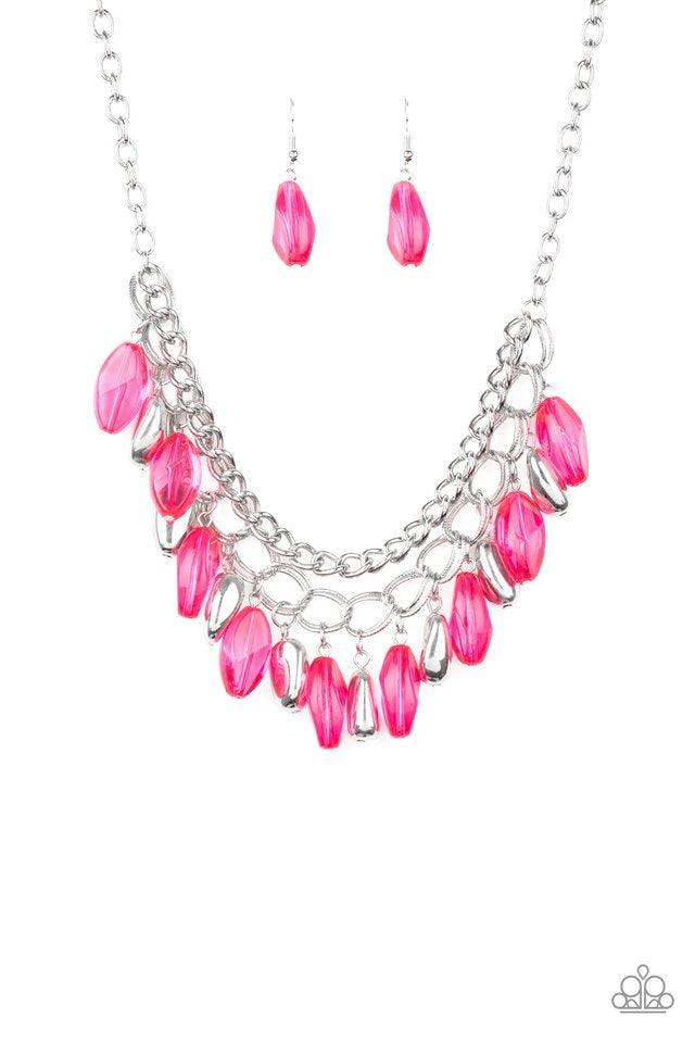 Paparazzi Accessories Spring Day Dream - Pink nfused with a row of thick silver chain, faceted silver and glassy pink beads swing from the bottom of ornate silver links, creating a vivacious fringe below the collar. Features an adjustable clasp closure. J