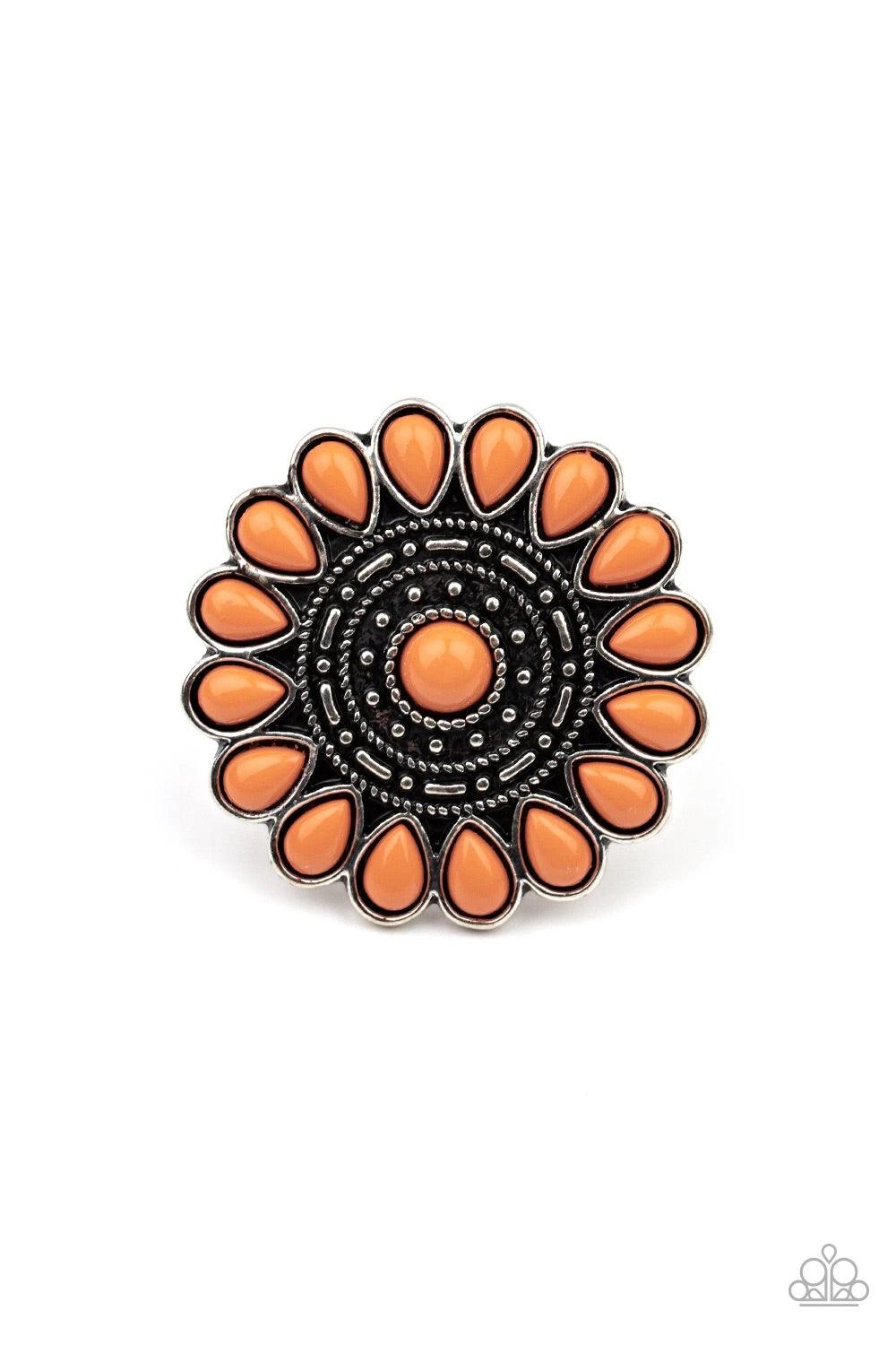 Paparazzi Accessories Posy Paradise - Orange A collection of orange beaded petals flare out from a textured silver center, creating a whimsical flower atop the finger. Features a stretchy band for a flexible fit. Sold as one individual ring. Jewelry