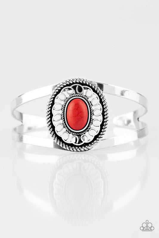 Paparazzi Accessories Deep In The TUMBLEWEEDS - Red Featuring a fiery red stone center, an ornate silver frame sits atop an airy silver cuff for a seasonal look. Sold as one individual bracelet. Jewelry