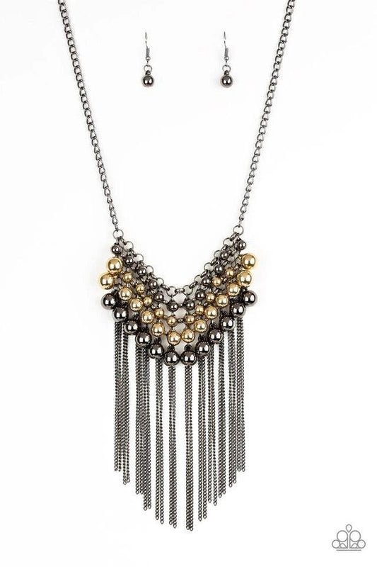 Paparazzi Accessories DIVA-de and Rule - Multi Gradually increasing in size, glistening gold and gunmetal beads swing from a net of interlocking gunmetal links. Shimmery gunmetal chains stream from the bottom of the beaded fringe for an edgy finish. Featu
