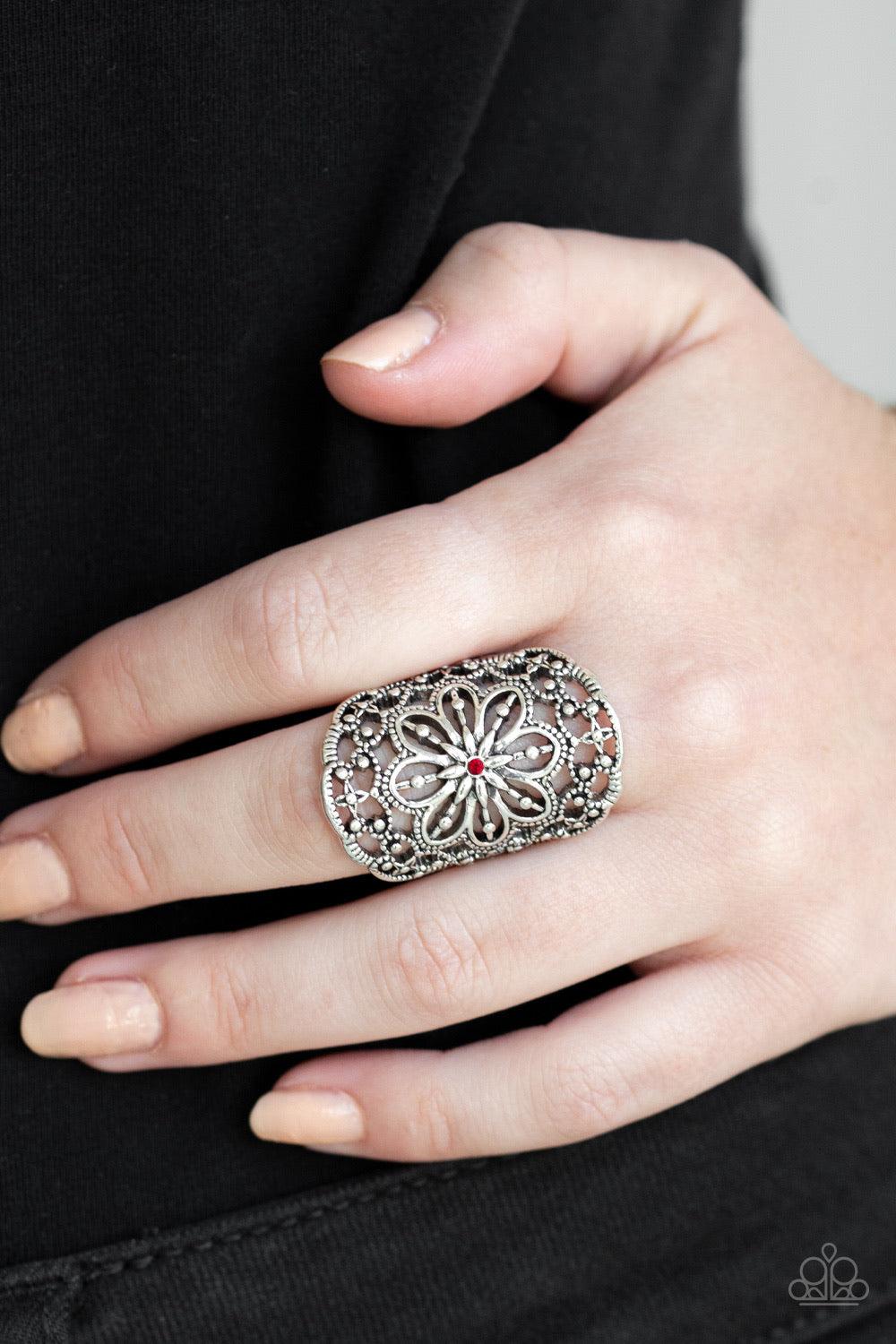 Paparazzi Accessories Majestic Mandala - Red Dotted with a dainty red rhinestone center, silver floral filigree branches out across the finger, coalescing into a whimsical frame. Features a stretchy band for a flexible fit. Jewelry