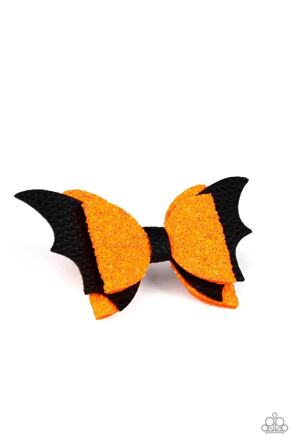 Paparazzi Accessories Spooky Sparkle - Multi Dusted in orange glitter, pieces of black leather delicately knot into a spooky bat-like bow. Features a standard hair clip on the back. Sold as one individual hair clip. Hair Accessories