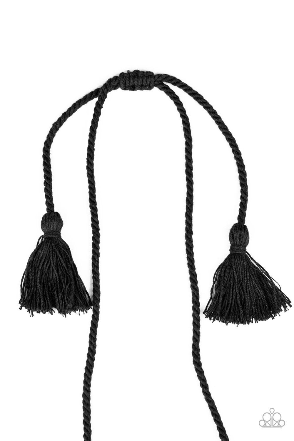 Paparazzi Accessories Macrame Mantra - Black Black twine-like cording decoratively knots into a macramé inspired pendant at the bottom of lengthened strands of twisted cording. Featuring frayed ends, excess cording streams from the bottom of the knotted c