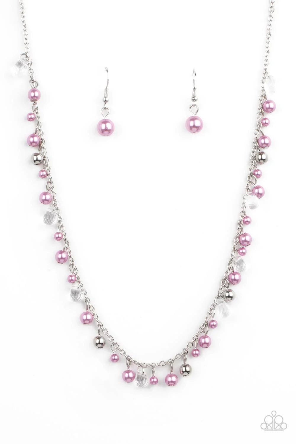 Paparazzi Accessories Pearl Essence - Purple Soft pastel Lavender pearls dangle alongside dainty silver and faceted glass beads as they float gracefully below the collar on a silver chain. Features an adjustable clasp closure. Sold as one individual neckl