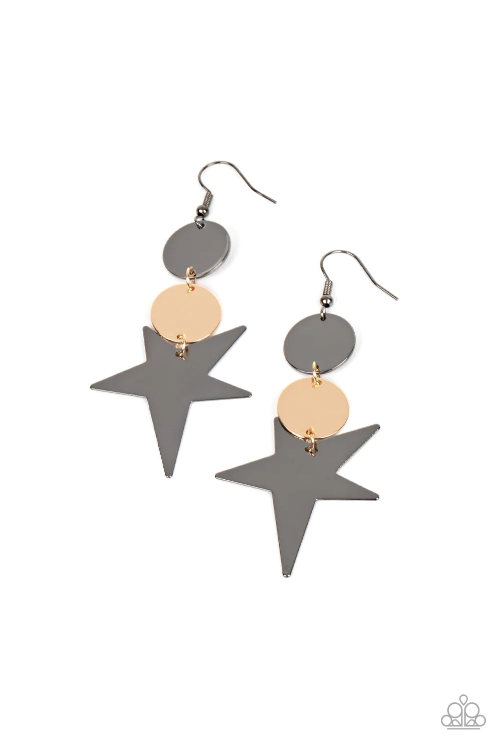Paparazzi Accessories Star Bizarre Gold: An asymmetrical gold star radiates from two linked flat gold discs, resulting in a stellar lure. Earring attaches to a standard fishhook fitting. Multi: An asymmetrical gunmetal star radiates from two linked flat g