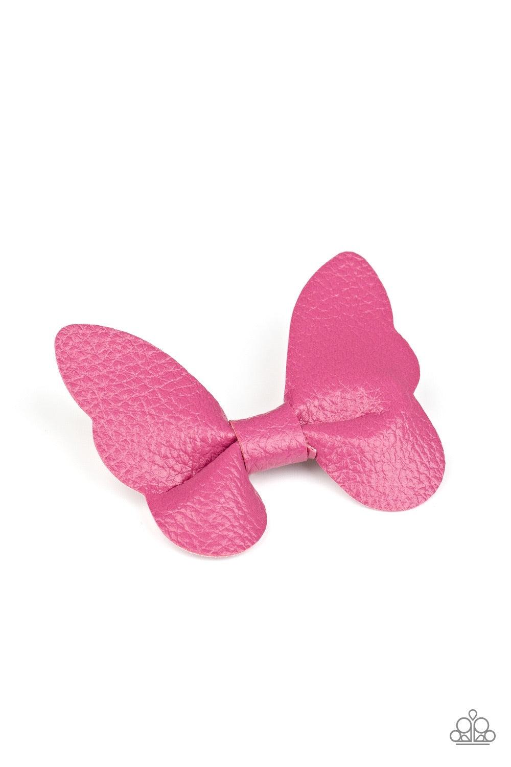 Paparazzi Accessories Butterfly Oasis - Pink Featuring scalloped edges, a piece of pink leather delicately knots into a beautiful butterfly. Features a standard hair clip on the back. Sold as one individual hair clip. Hair Accessories