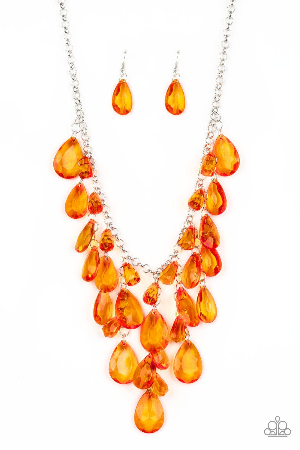 Paparazzi Accessories Irresistible Iridescence - Orange Glassy orange teardrops and glassy orange beads swing from the bottom of a shimmery silver chain. Matching beads trickle down free-falling chains, creating a glamorous fringe below the collar. Featur