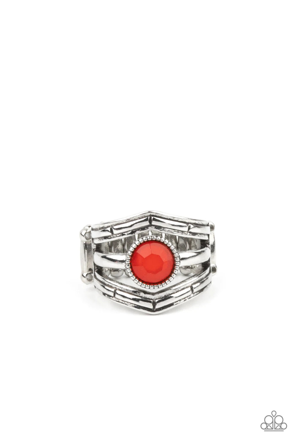 Paparazzi Accessories Celestial Collaboration - Red A faceted opaque red bead encased in a studded silver frame takes center stage on a silver band. Engraved silver chevron frames create a trendy border as they wrap around the finger. Features a stretchy
