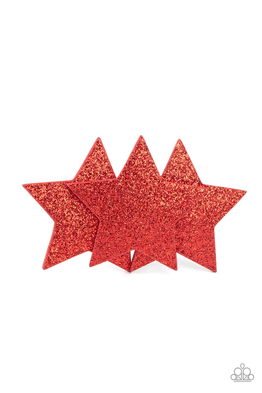 Paparazzi Accessories Happy Birthday America - Red Dusted in glittery sparkles, dazzling red leather stars delicately overlap into a stellar centerpiece for a sparkly patriotic finish. Features a standard hair clip on the back. Sold as one individual hair