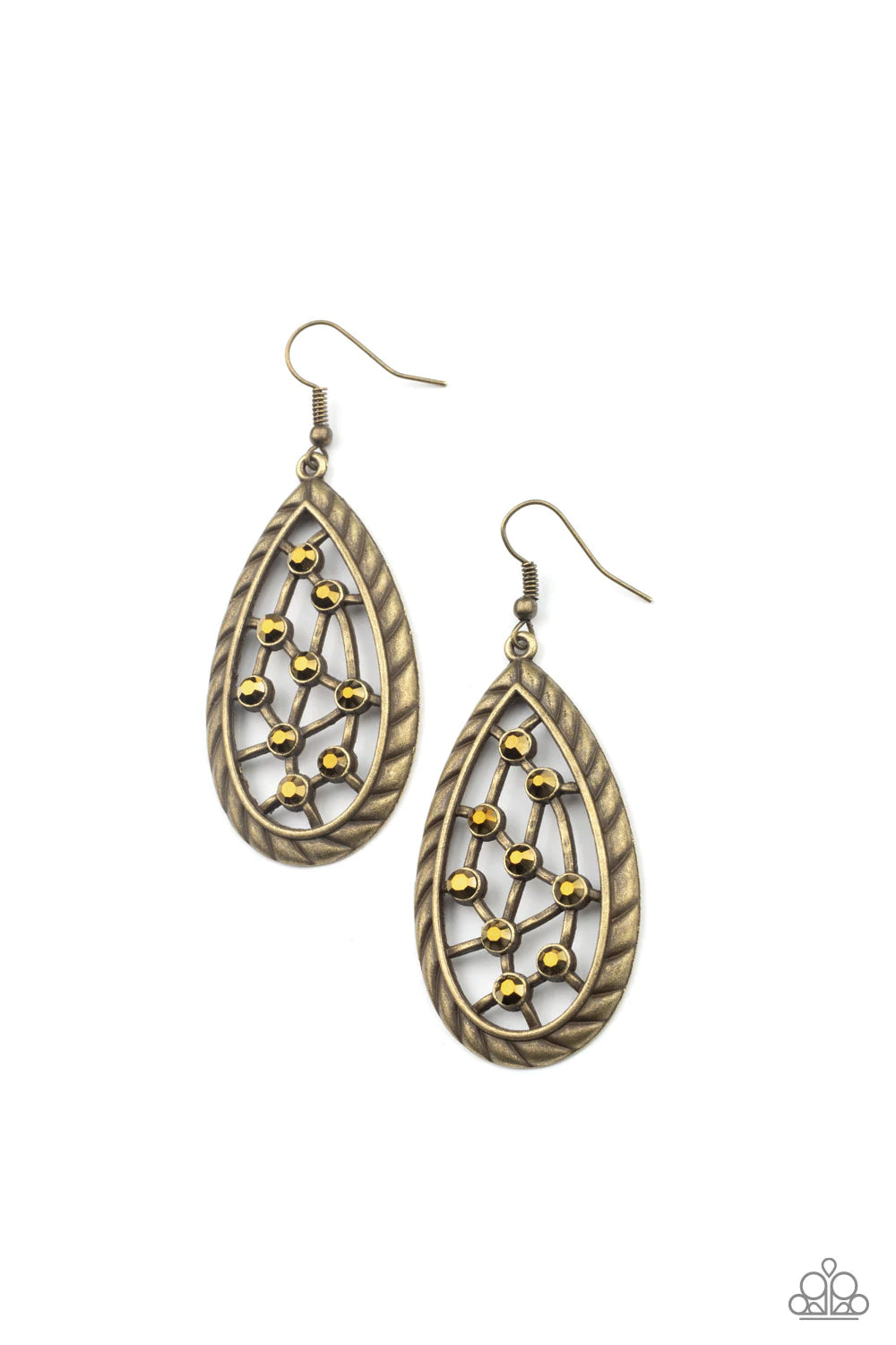 Paparazzi Accessories Industrial Incandescence - Brass A gritty collection of dainty aurum rhinestones adorn hammered brass bars streaking across the airy center of an antiqued textured teardrop, creating a rustic fashion. Earring attaches to a standard f