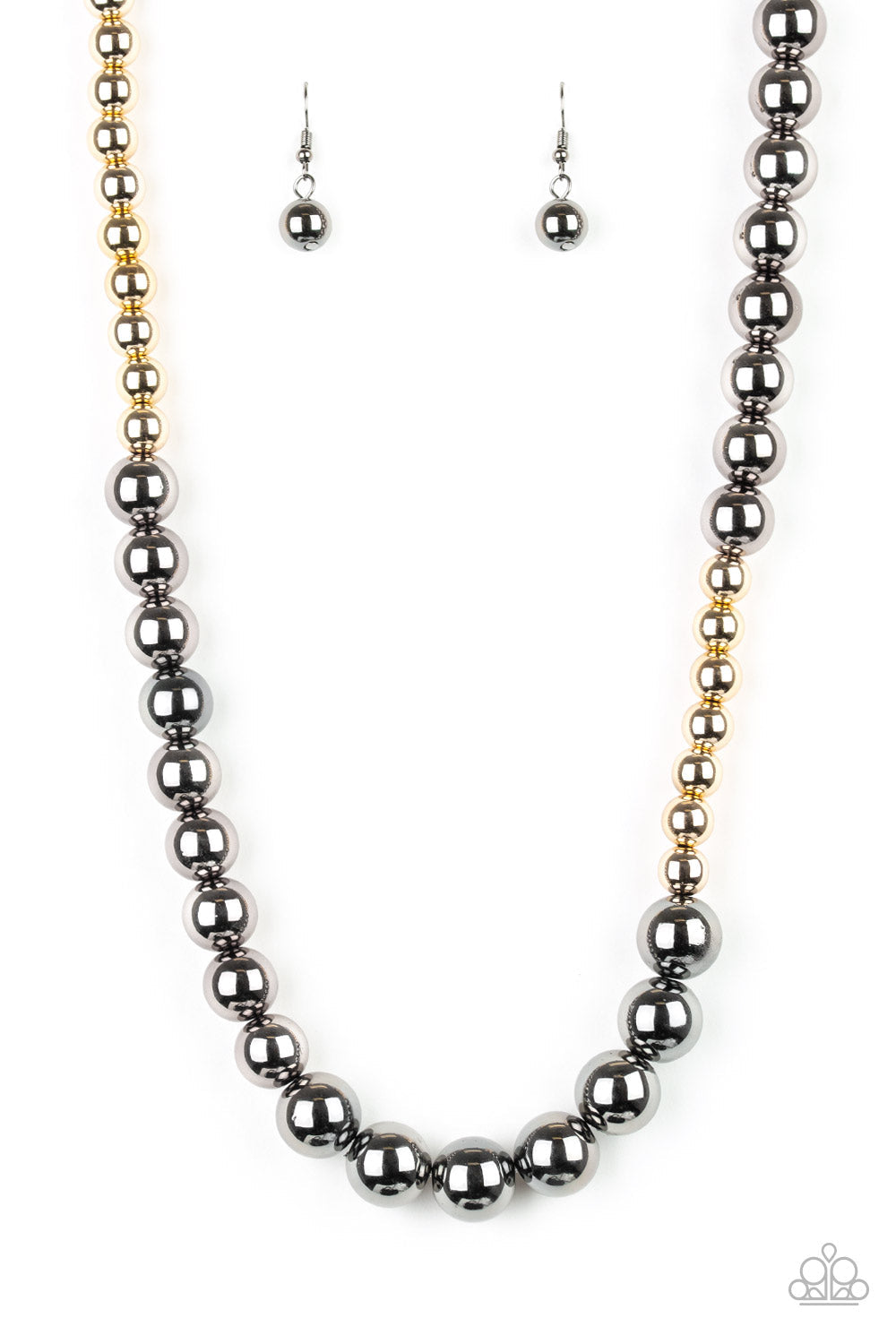 Paparazzi Accessories Power To The People - Black Varying in size, glistening gold and shimmery gunmetal beads drape below the collar in a dramatically asymmetrical fashion. Features an adjustable clasp closure. Sold as one individual necklace. Includes o