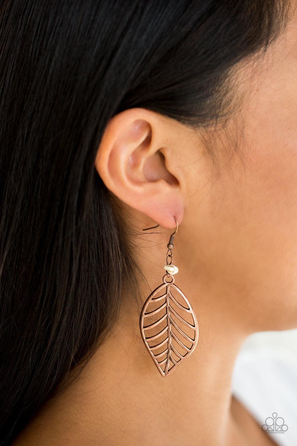 Paparazzi Accessories BOUGH Out - Copper An airy copper leaf swings from the bottom of a refreshing white pebble, creating a seasonal lure. Earring attaches to a standard fishhook fitting. Jewelry