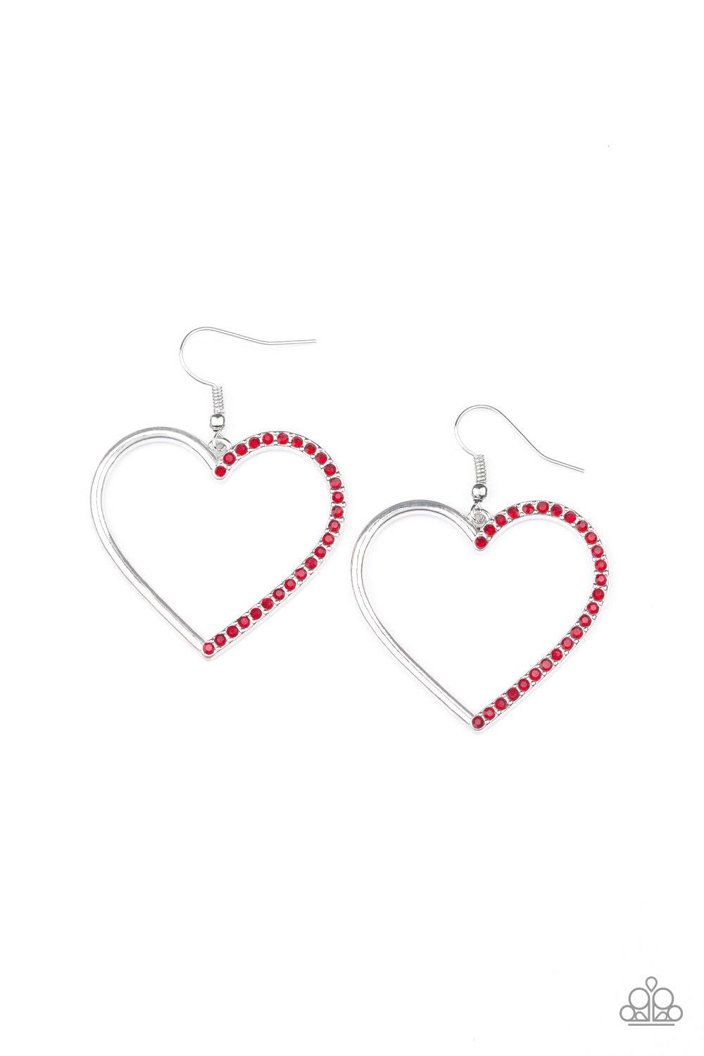 Paparazzi Accessories First Date Dazzle - Red One half of a shimmery silver heart silhouette has been encrusted in glassy red rhinestones, creating a charming frame. Earring attaches to a standard fishhook fitting. Jewelry