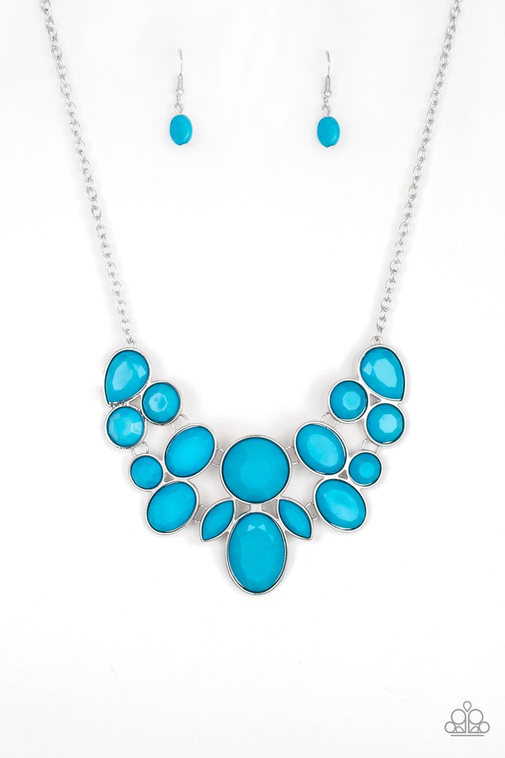 Paparazzi Accessories Demi Diva - Blue Featuring round, teardrop, and oval shapes, a collection of faceted blue beads are pressed into sleek silver frames. The colorful frames link below the collar creating a vibrant fashion. Features an adjustable clasp