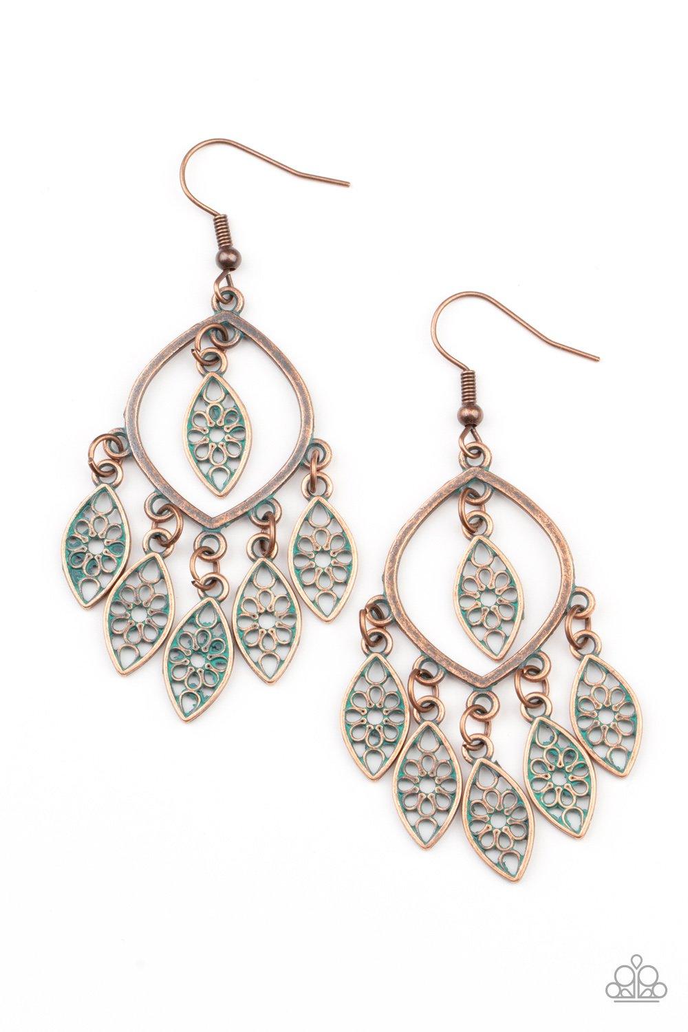 Paparazzi Accessories Artisan Garden - Copper Brushed in a patina finish, dainty floral copper frames swing from the bottom and top of an airy copper frame, creating a rustic fringe. Earring attaches to a standard fishhook fitting. Sold as one pair of ear