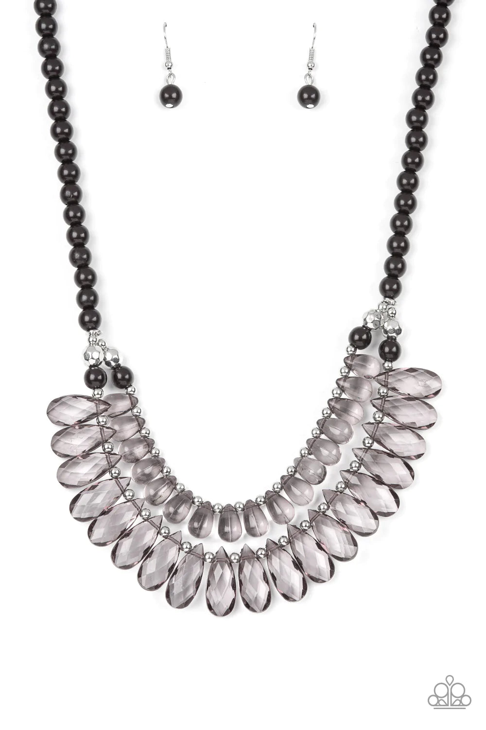 Paparazzi Accessories All Across the GLOBETROTTER - Black Varying in size, a smoky collection of glassy teardrops alternate with dainty silver beads in two rows below the collar for a glamorous pop of color. Features an adjustable clasp closure. Sold as o