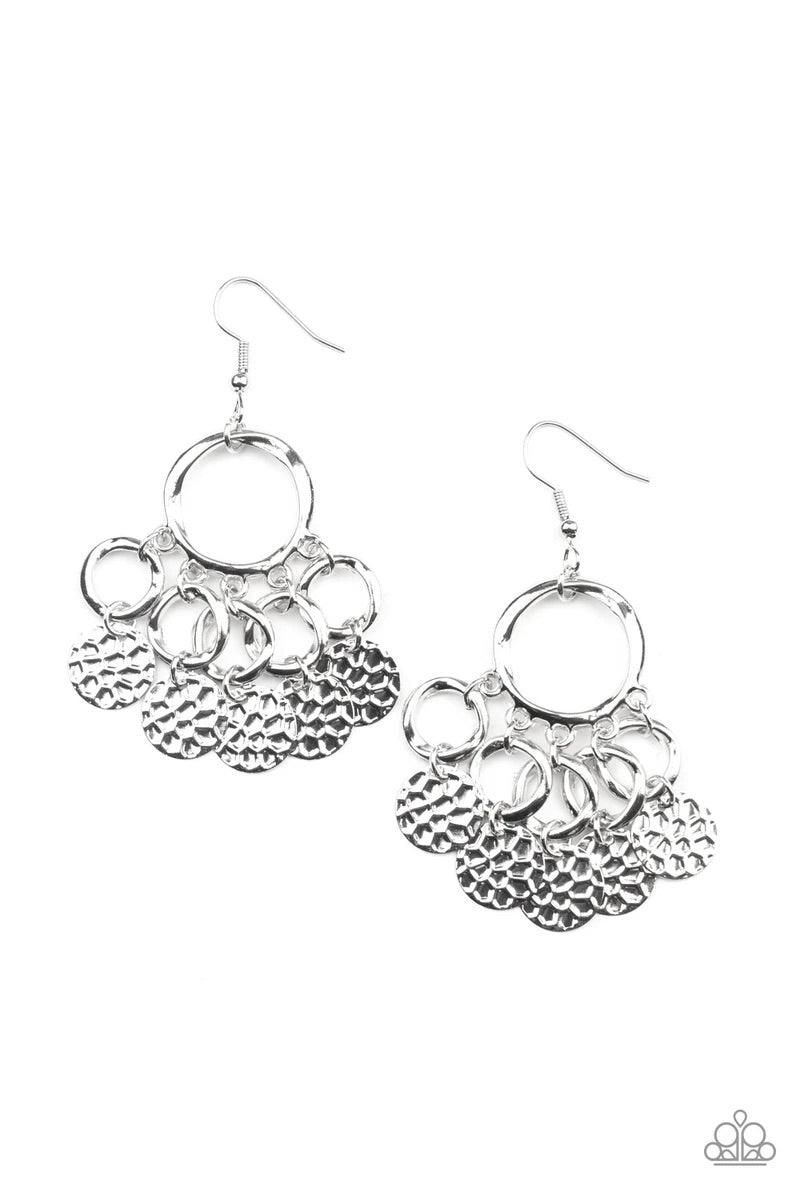 Paparazzi Accessories Partners in CHIME - Silver Embossed in tactile geometric patterns, shiny silver discs swing from the bottom of dainty silver rings at the bottom of an asymmetrical silver ring for a noise-making fashion. Earring attaches to a standar