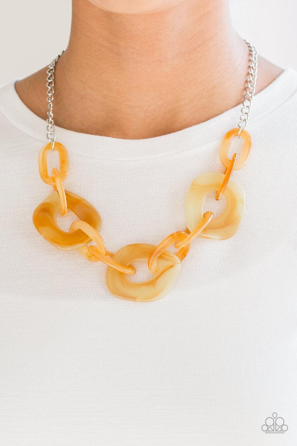 Paparazzi Accessories Courageously Chromatic - Yellow Brushed in a faux-marble finish, bold yellow links connect below the collar for a statement making look. Features an adjustable clasp closure. Jewelry