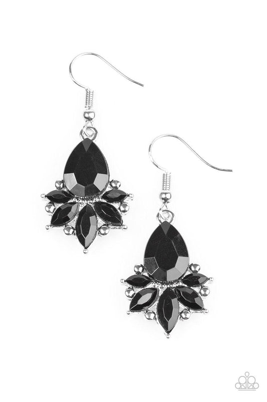 Paparazzi Accessories GLAM Up! - Black Faceted black beads fan out from a larger bead in a regal fashion. Dainty studs are added to the elegant display, adding an extra splash of shimmer to the playful display. Earring attaches to a standard fishhook fitt