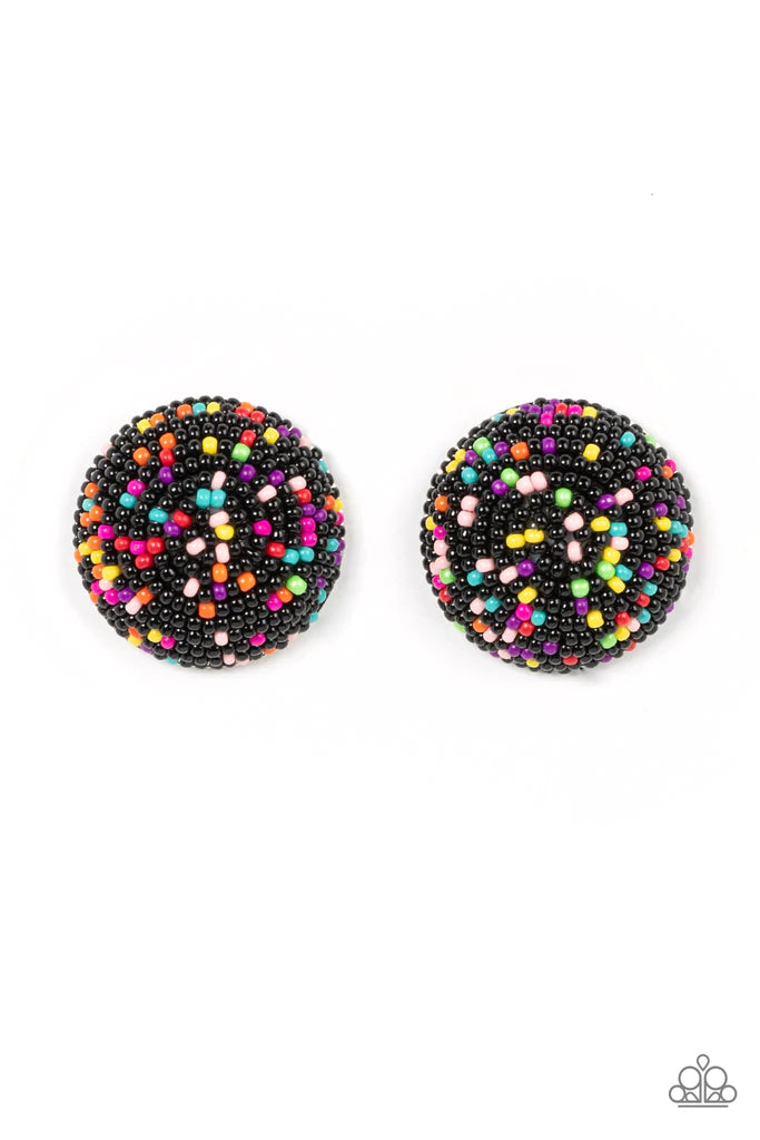 Paparazzi Accessories Kaleidoscope Sky - Black A bubbly assortment of dainty multicolored beads spins around the front of an oversized and beveled silver frame, resulting in a boisterous pop of kaleidoscopic color. Earring attaches to a standard post fitt