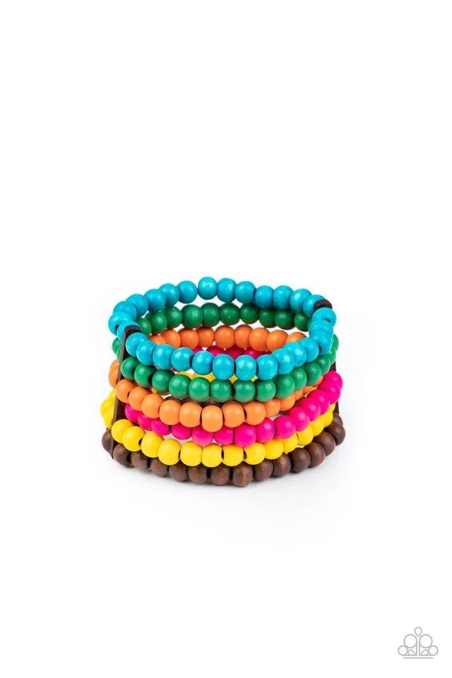 Paparazzi Accessories Diving in Maldives - Multi Held in place with rectangular wooden fittings, a collection of vivacious pink, blue, orange, green, yellow, and brown wooden beads are threaded along stretchy bands around the wrist, creating colorful laye