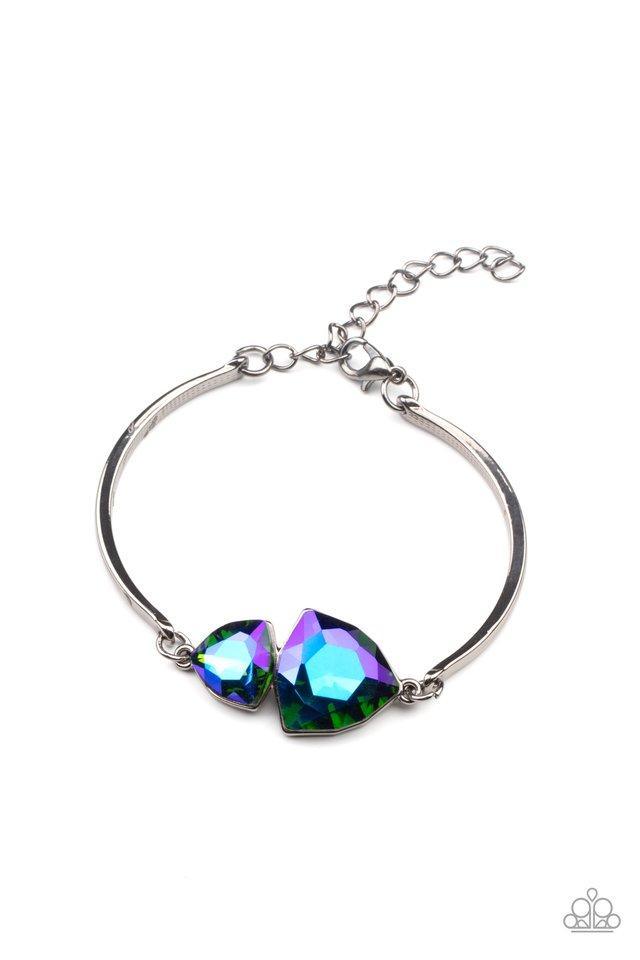 Paparazzi Accessories Deep Space Shimmer - Multi Featuring raw gem cuts, a pair of iridescent rhinestones connect to dainty gunmetal bars around the wrist, creating a stellar cuff-like bracelet. Features an adjustable clasp closure. Large colorful jewels