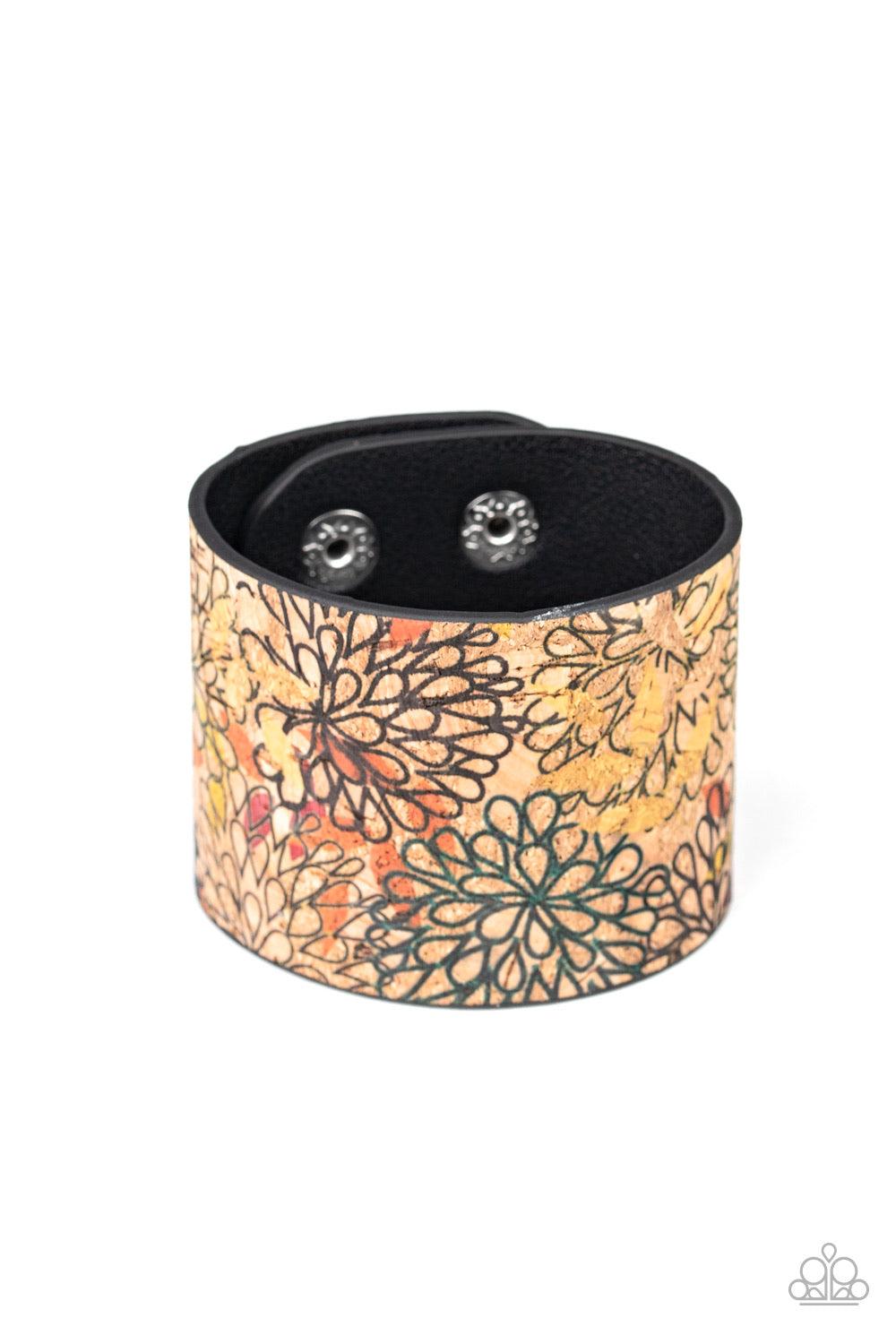 Paparazzi Accessories Cork Culture - Multi Painted in a colorfully distressed floral pattern, a thick cork-like leather band wraps around the wrist for a statement-making look. Features an adjustable snap closure. Sold as one individual bracelet. Jewelry