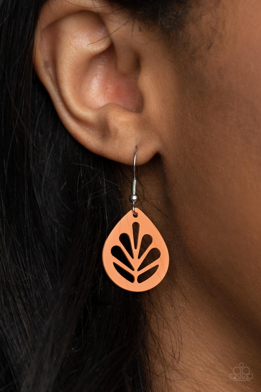 Paparazzi Accessories LEAF Yourself Wide Open - Orange Painted in a colorful Marigold finish, a dainty orange leaf frame is stenciled in airy cutouts for a whimsical seasonal fashion. Earring attaches to a standard fishhook fitting. Sold as one pair of ea