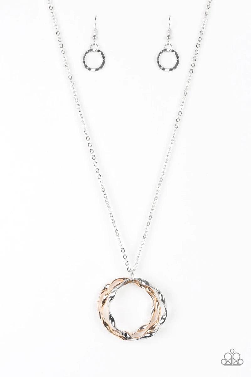 Paparazzi Accessories Millennial Minimalist - Multi Twirling rose gold, gold, and silver hoops swing from the bottom of an elegantly elongated silver chain, creating a dizzying pendant. Features an adjustable clasp closure. Sold as one individual necklace